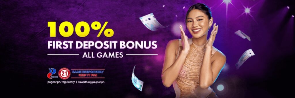 This is is your promotional graphic featuring the 100% First Deposit Bonus offer.