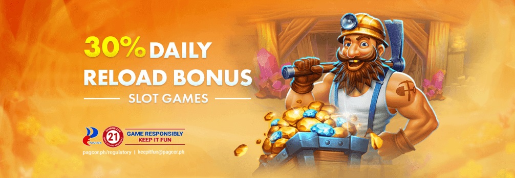 This is the promotional graphic for the 30% Daily Reload Bonus for Slot Games.