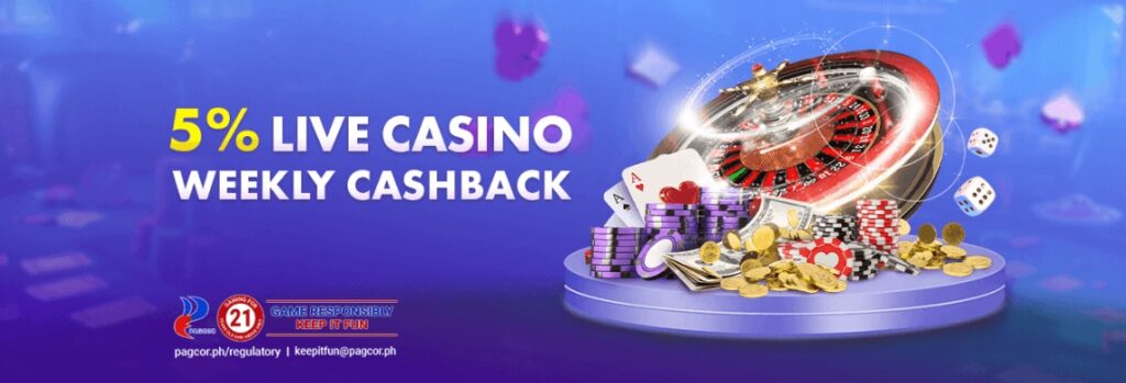 This is the promotional image for 5% Live Casino Weekly Cashback.