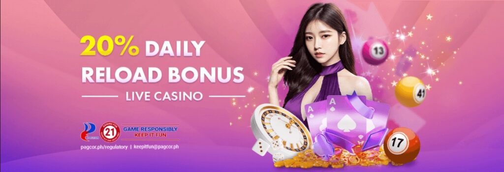 This is the promotional graphic for the 20% Daily Reload Bonus for Live Casino.