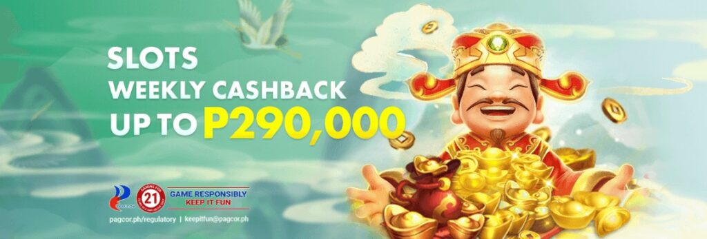 This is the promotional image for Slots Weekly Cashback Up to ₱290,000.