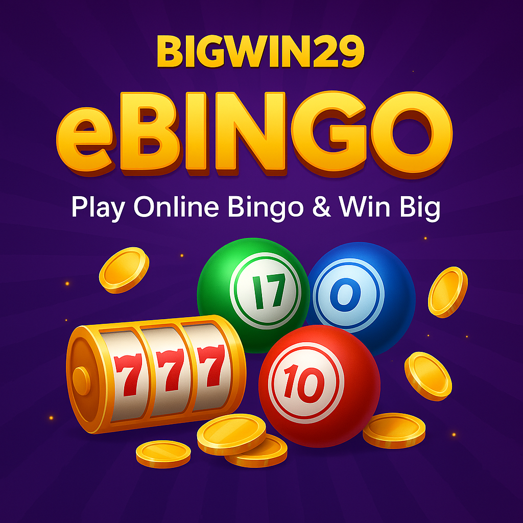 Promotional digital illustration for BIGWIN29 eBingo featuring the BIGWIN29 logo and bold “eBINGO” text on a vibrant purple background with glowing gold particles, colorful bingo balls, slot machine elements, and scattered golden coins, creating an energetic and exciting gaming vibe.
