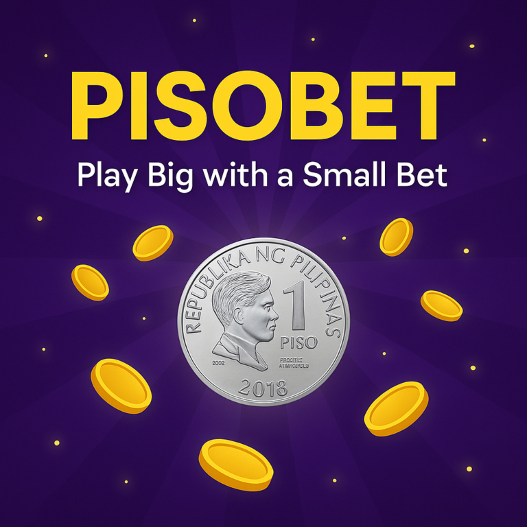 Promotional 2D digital image for PisoBet featuring bold golden text "PISOBET" with the tagline "Play Big with a Small Bet" on a vibrant purple background. A detailed silver one-peso Philippine coin with José Rizal's profile is centered below, surrounded by glowing golden dots and floating coins, creating a dynamic and energetic gaming vibe.