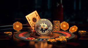 This is the image of crypto online casino as Digital slot machine surrounded by cryptocurrency symbols like Bitcoin and Ethereum,
