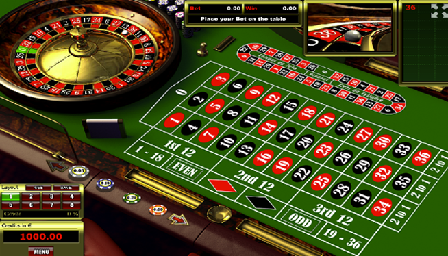 This is the image of roulette wheel online. A player interface of a virtual roulette game with chips and betting table
