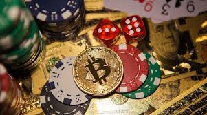 This is the image of Cryptocurrency Casinos. A spinning slot machine, Bitcoin and Ethereum symbols, and glowing blockchain graphics, representing online gambling using cryptocurrencies.